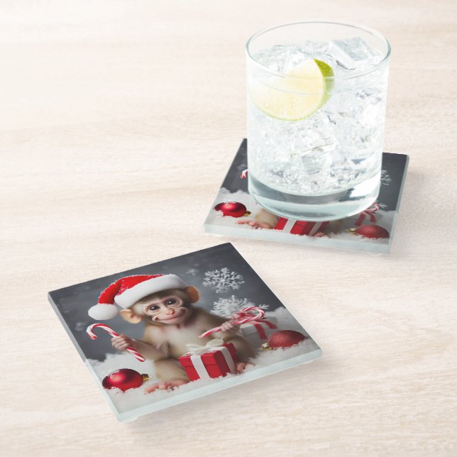 Cute monkey with a Santa hat Glass Coaster (Angled)
