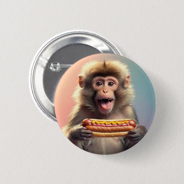 Cute Monkey With Hotdog  6 Cm Round Badge (Front & Back)