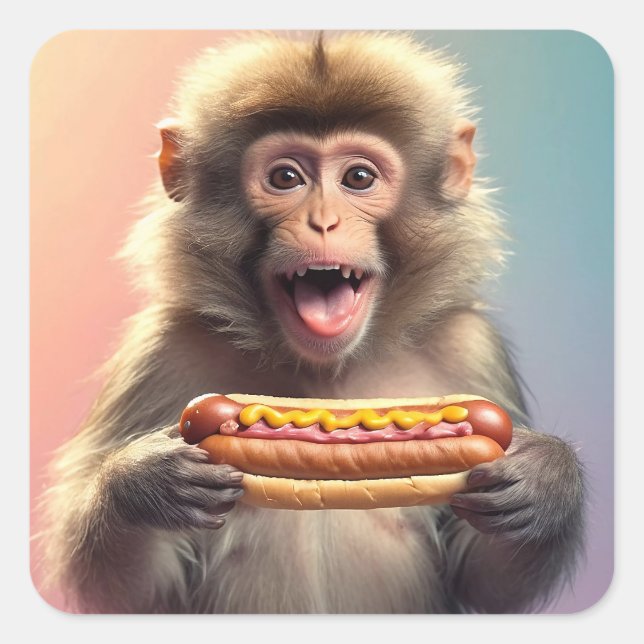 Cute Monkey With Hotdog  Square Sticker (Front)