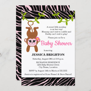 Cute Monkey Zebra Stripes Baby Shower Invitation