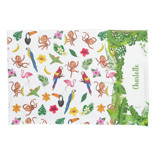 Cute Monkeys and Bananas in Jungle Pattern Pillowcase (Front)