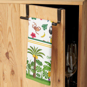 Cute Monkeys and Bananas in Jungle Pattern Tea Towel