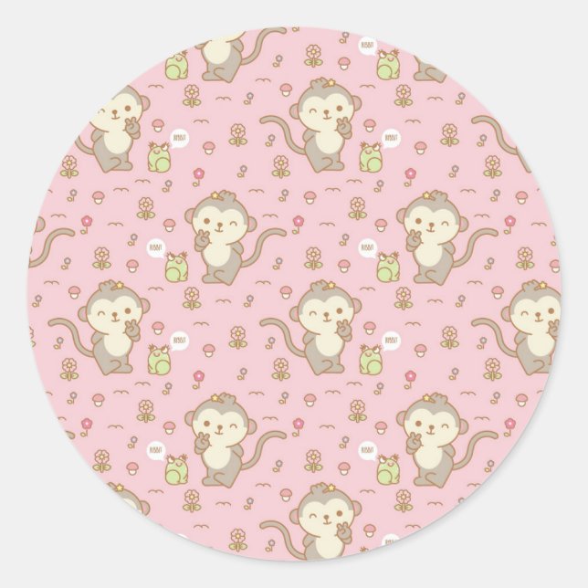 Cute Monkeys and Frogs Classic Round Sticker (Front)