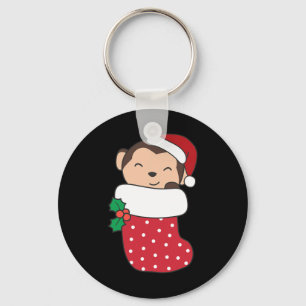 Cute Monkeys In Christmas Stockings For Christmas Key Ring
