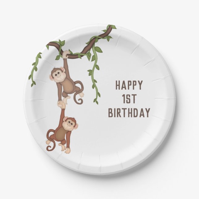 Cute Monkeys Kid's 1st Birthday  Paper Plate (Front)