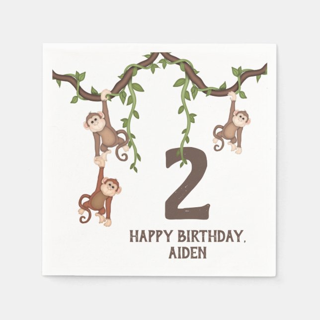 Cute Monkeys Kid's 2nd Birthday Napkins (Front)