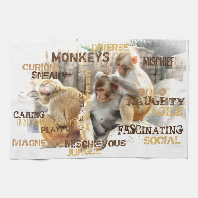 Cute Monkeys Typography Art Tea Towel (Horizontal)