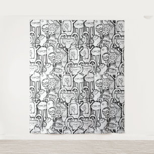 Cute Monochrome Doodle Monster Pattern  Tapestry