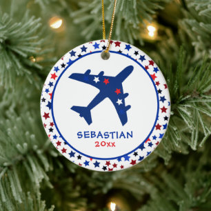 Cute Monogram Aeroplane Stars Christmas Ceramic Tree Decoration