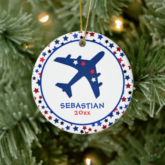 Cute Monogram Aeroplane Stars Christmas Ceramic Tree Decoration (Tree)