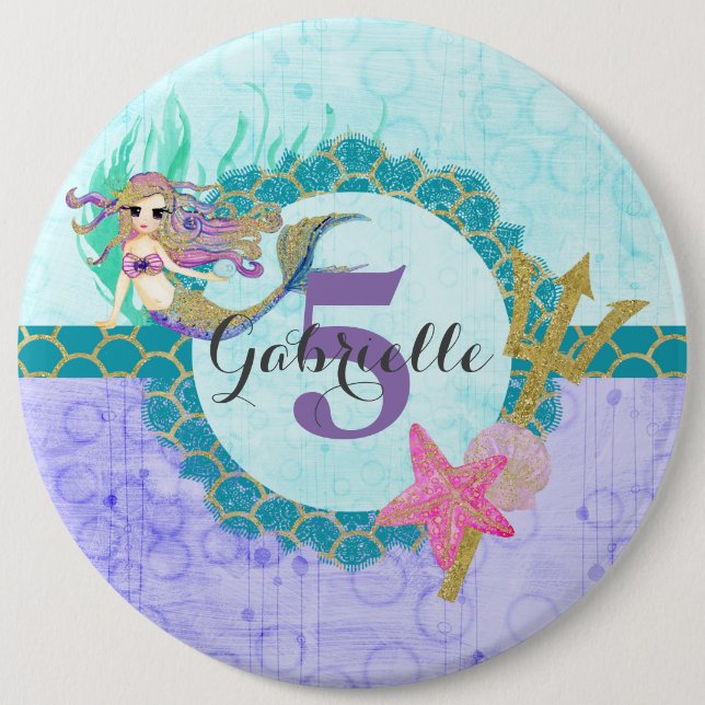 Cute Monogram Age Mermaid Teal & Purple Birthday 6 Cm Round Badge (Front)
