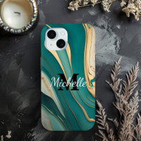 Cute Monogram Aqua Gold Fluid Art Marble Aesthetic