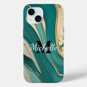 Cute Monogram Aqua Gold Fluid Art Marble Aesthetic iPhone 15 Case