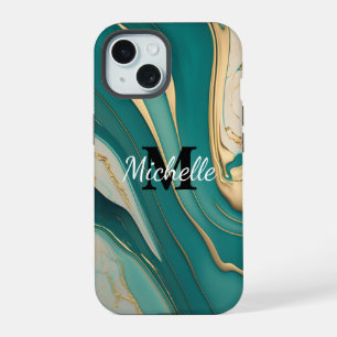Cute Monogram Aqua Gold Fluid Art Marble Aesthetic iPhone 15 Case