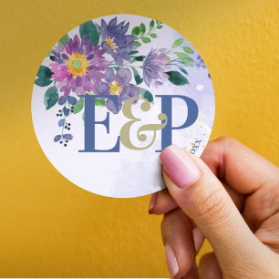 Cute Monogram Beautiful Purple Blue Floral Wedding Classic Round Sticker