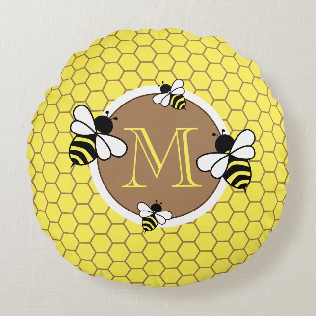 Cute Monogram Bees Honeycomb Pattern Nursery Round Cushion (Front)