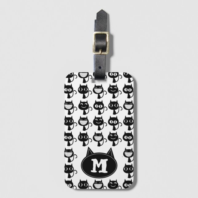 Cute Monogram Black Cat Expressions Pattern  Luggage Tag (Front Vertical)
