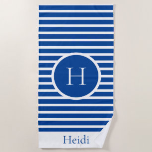 Cute Monogram Blue and White Striped Beach Towel