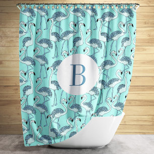 Cute Monogram Blue Flamingos Pattern Shower Curtain