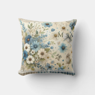  Cute Monogram Bunny Blue , Green & White Florals Cushion