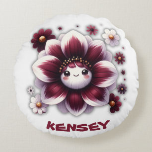 Cute Monogram Burgundy and White Flower on White Round Cushion