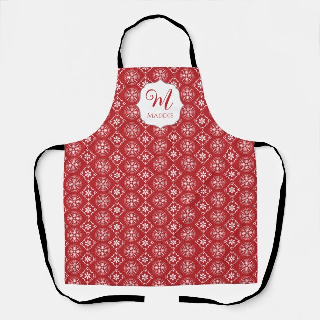 Cute Monogram Christmas Red Snowflake Simple Apron (Front)