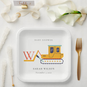 Cute Monogram Construction Fork Lift Baby Shower Paper Plate