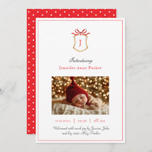 Cute Monogram crest and bow Christmas Birth Announcement