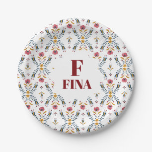 cute monogram custom Scandinavian folk art floral Paper Plate