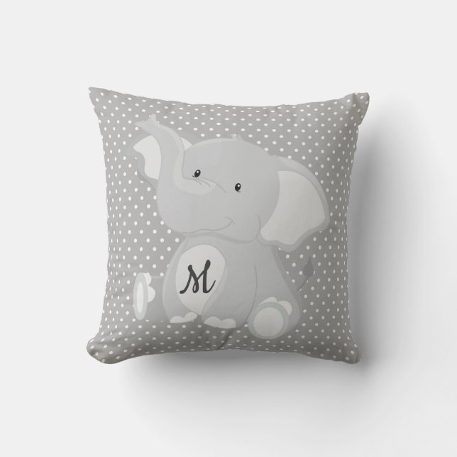 Cute Monogram Elephant Grey and White Polka Dot Cushion (Front)
