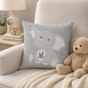 Cute Monogram Elephant Grey and White Polka Dot Cushion