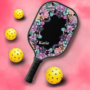 Cute Monogram Floral Flower Pattern Modern Pretty Pickleball Paddle
