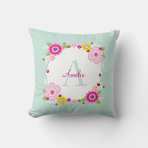 CUTE MONOGRAM garden flowers floral pink mint Cushion