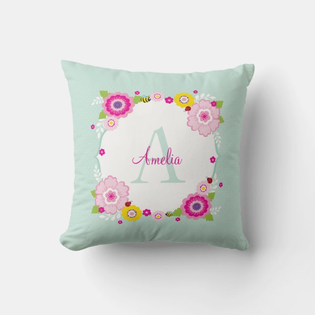 CUTE MONOGRAM garden flowers floral pink mint Cushion (Front)