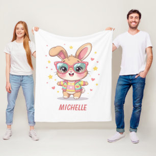 Cute monogram girly bunny wearing glasses fleece blanket
