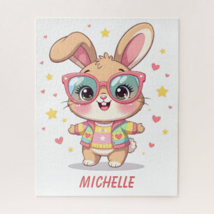 Cute monogram girly bunny wearing glasses jigsaw puzzle