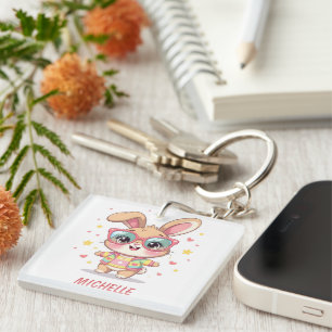 Cute monogram girly bunny wearing glasses key ring