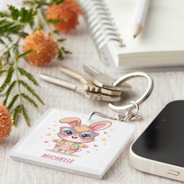 Cute monogram girly bunny wearing glasses key ring (Front Right)
