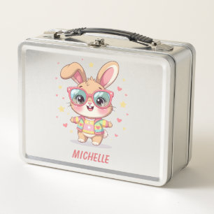 Cute monogram girly bunny wearing glasses metal lunch box