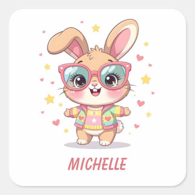 Cute monogram girly bunny wearing glasses square sticker (Front)
