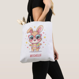 Cute monogram girly bunny wearing glasses tote bag
