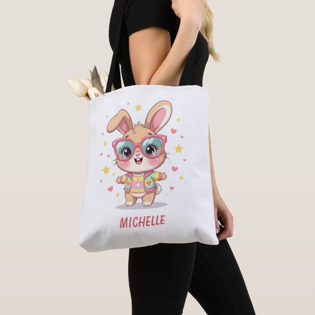 Cute monogram girly bunny wearing glasses tote bag (Close Up)