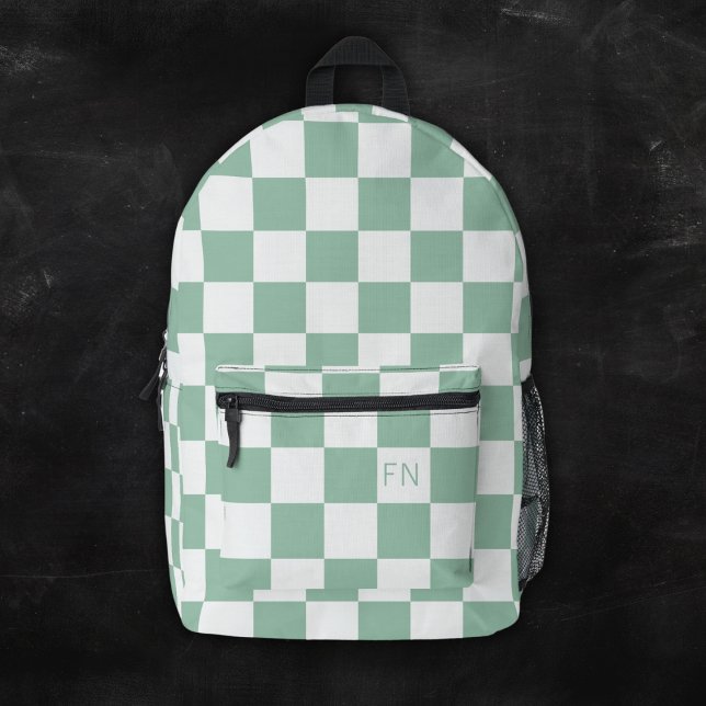 Cute Monogram Initials & Green Chequerboard Printed Backpack (Creator Uploaded)