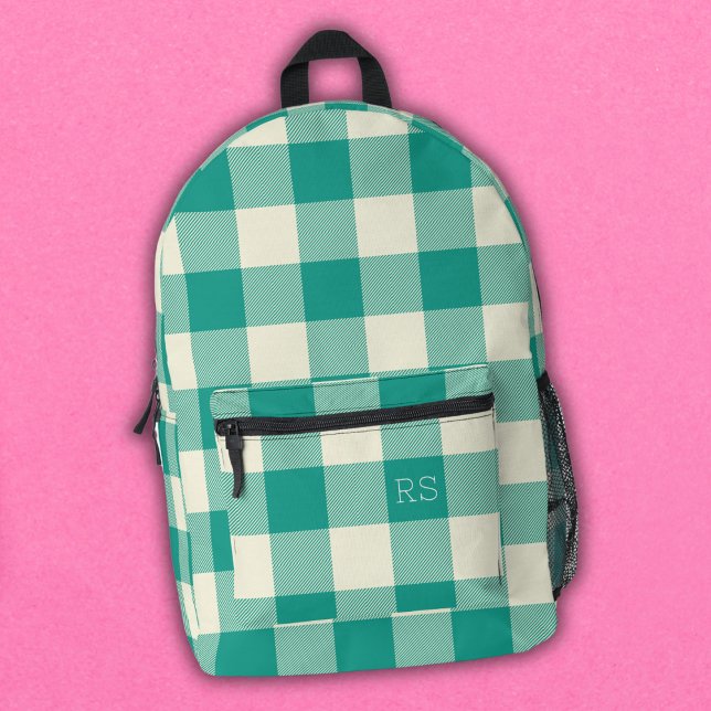Cute Monogram Initials Teal Gingham Buffalo Check Printed Backpack (Creator Uploaded)