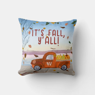 Cute Monogram It's Fall Y'all Orange Truck Pumpkin Cushion