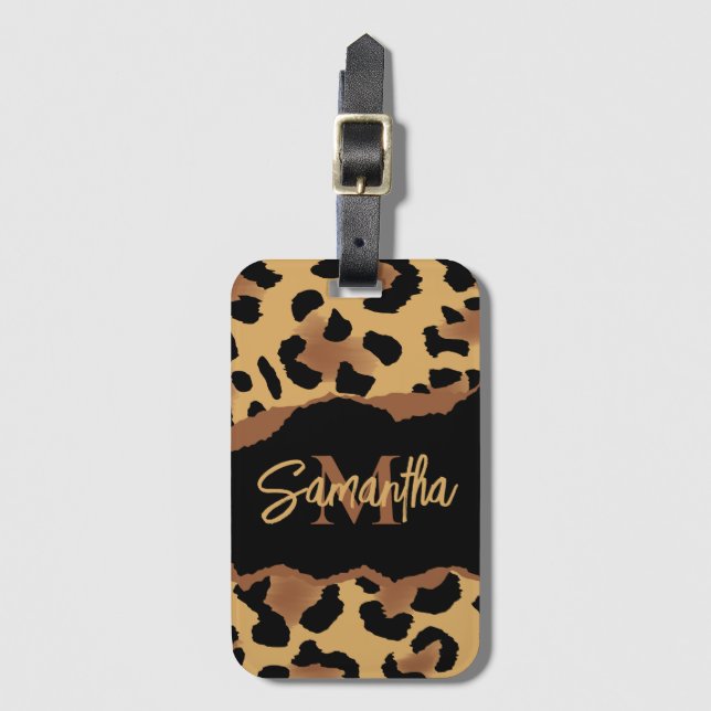 Cute Monogram Leopard Print Luggage Tag (Front Vertical)