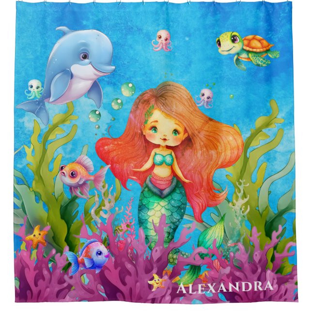 Cute Monogram Mermaid Sea Turtle Dolphin Shower Curtain (Front)