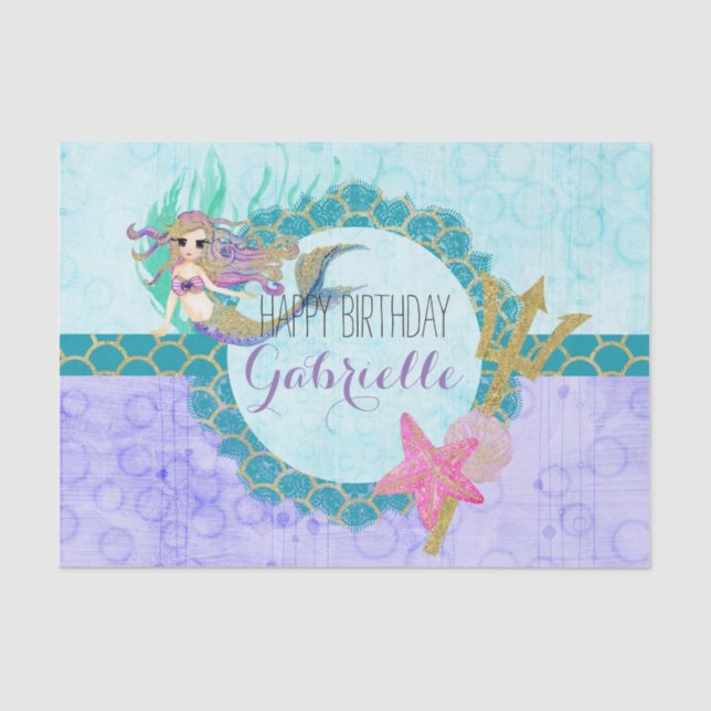 Cute Monogram Mermaid Teal & Purple Birthday Tissue Paper (Front)