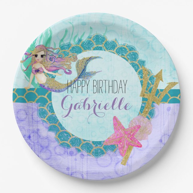 Cute Monogram Mermaid Teal & Purple Happy Birthday Paper Plate (Front)