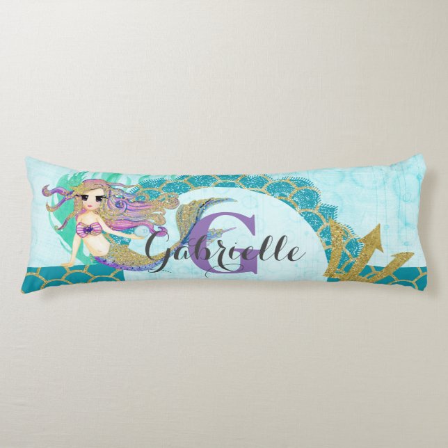 Cute Monogram Mermaid Teal & Purple Watercolor Body Cushion (Front)
